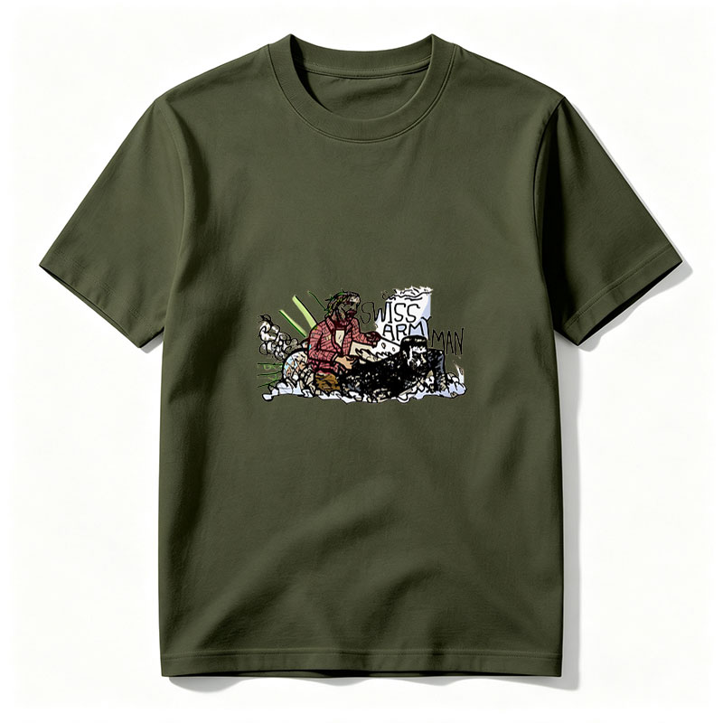 Swiss Army Man: A Man in a Red Plaid Shirt and Crown of Thorns Interacts with a Corpse, Surrounded by Tools and the Text 