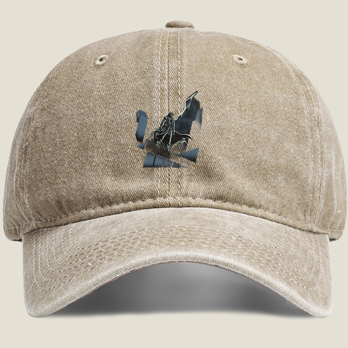 The Shadow of the Storm: Dark Hero on Rooftop - Washed Denim - Baseball Cap
