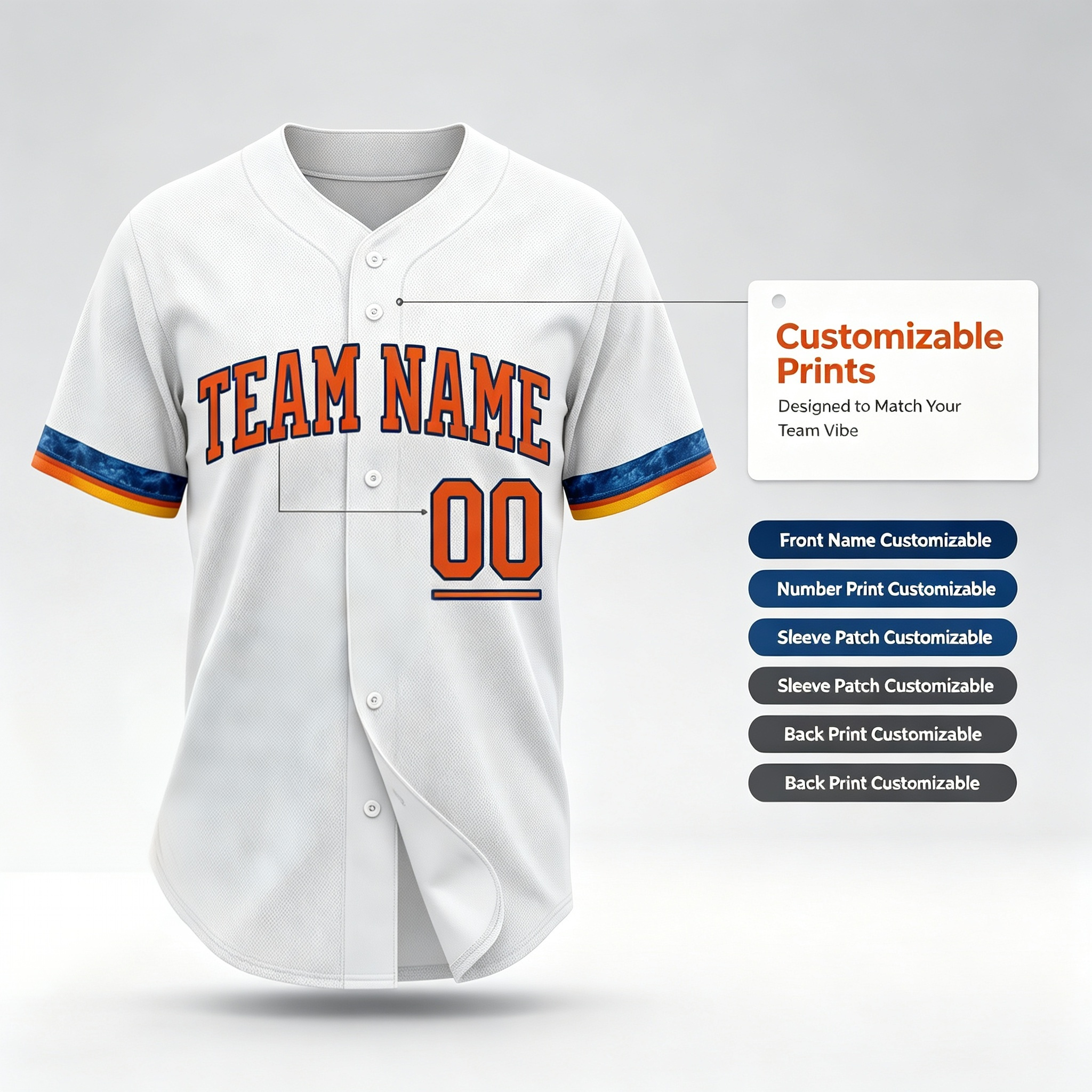 Custom Printed Houston Space City Style Baseball Jersey White Orange Piping Button Down Shirt for Men and Women
