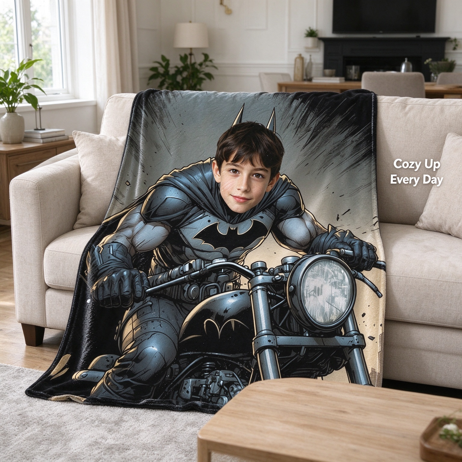 Custom Photo Superhero Face Blanket, Personalized Flannel Throw for Kids, Ideal Cozy Comic Lover Keepsake Gift