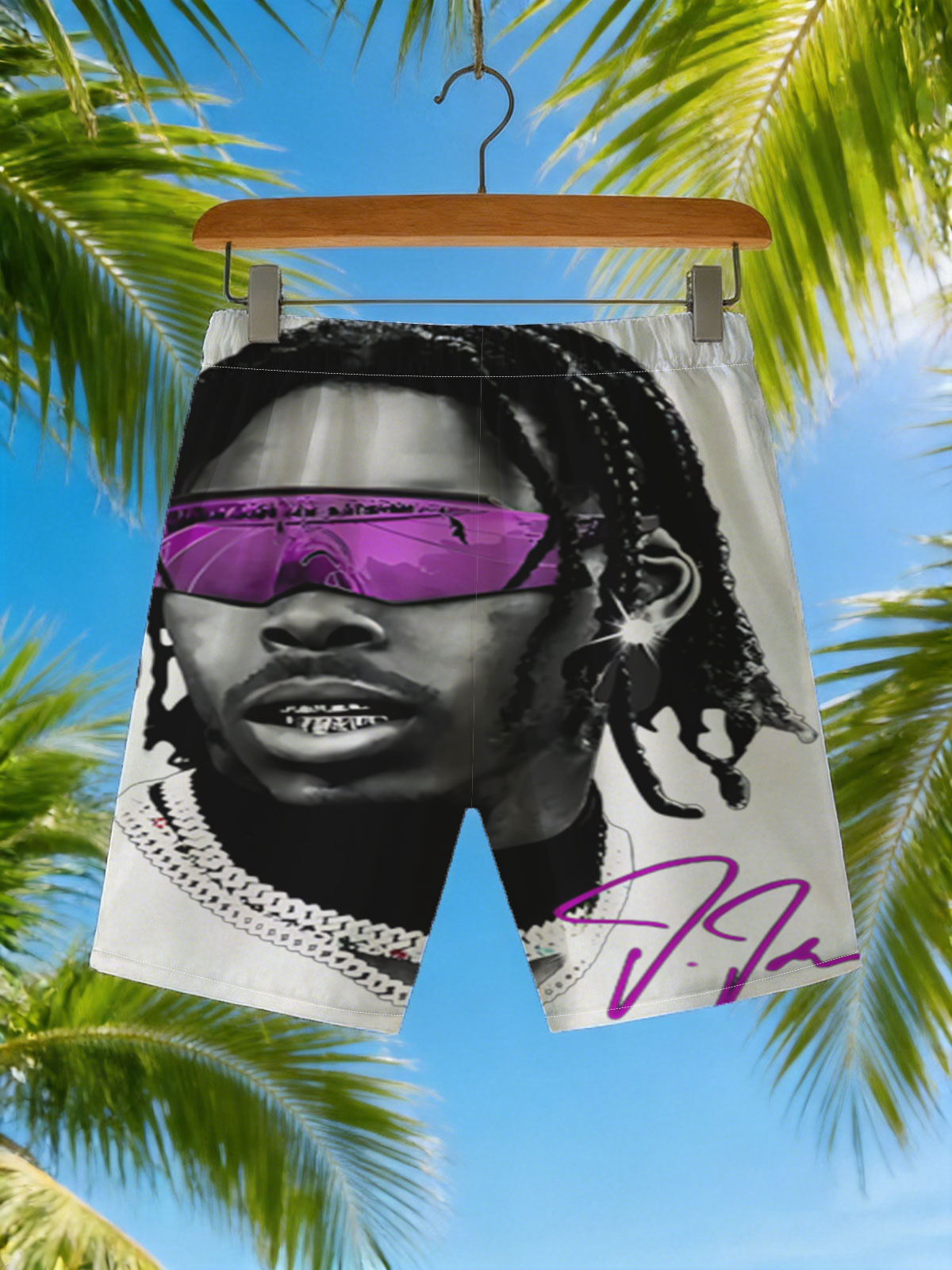 Lil Durk in Purple Sunglasses and Chain Necklace -  Beach shorts