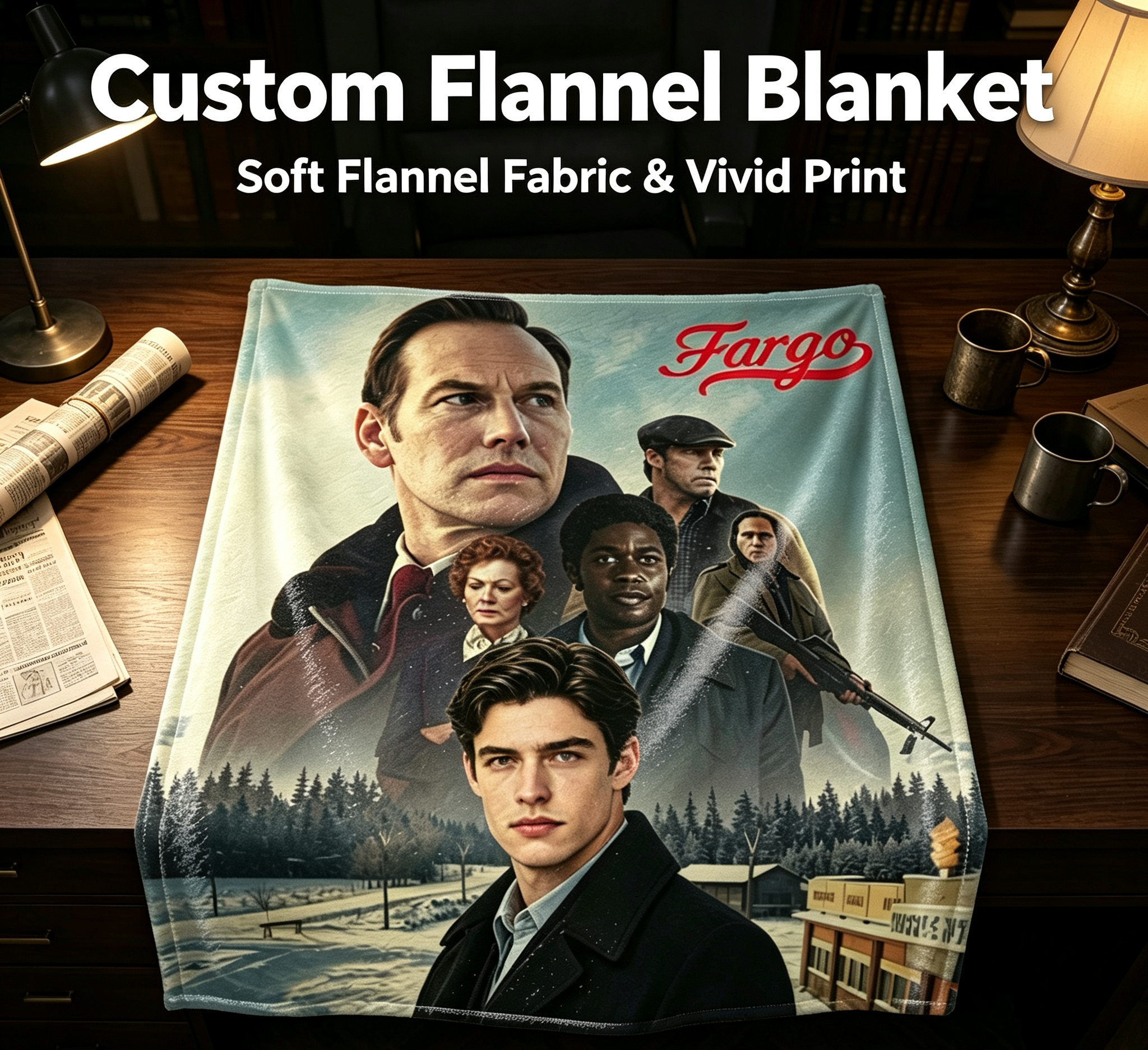 Custom Face Blanket Fargo Movie Characters Flannel Blanket Cozy Winter Gift for Fans and Collectors