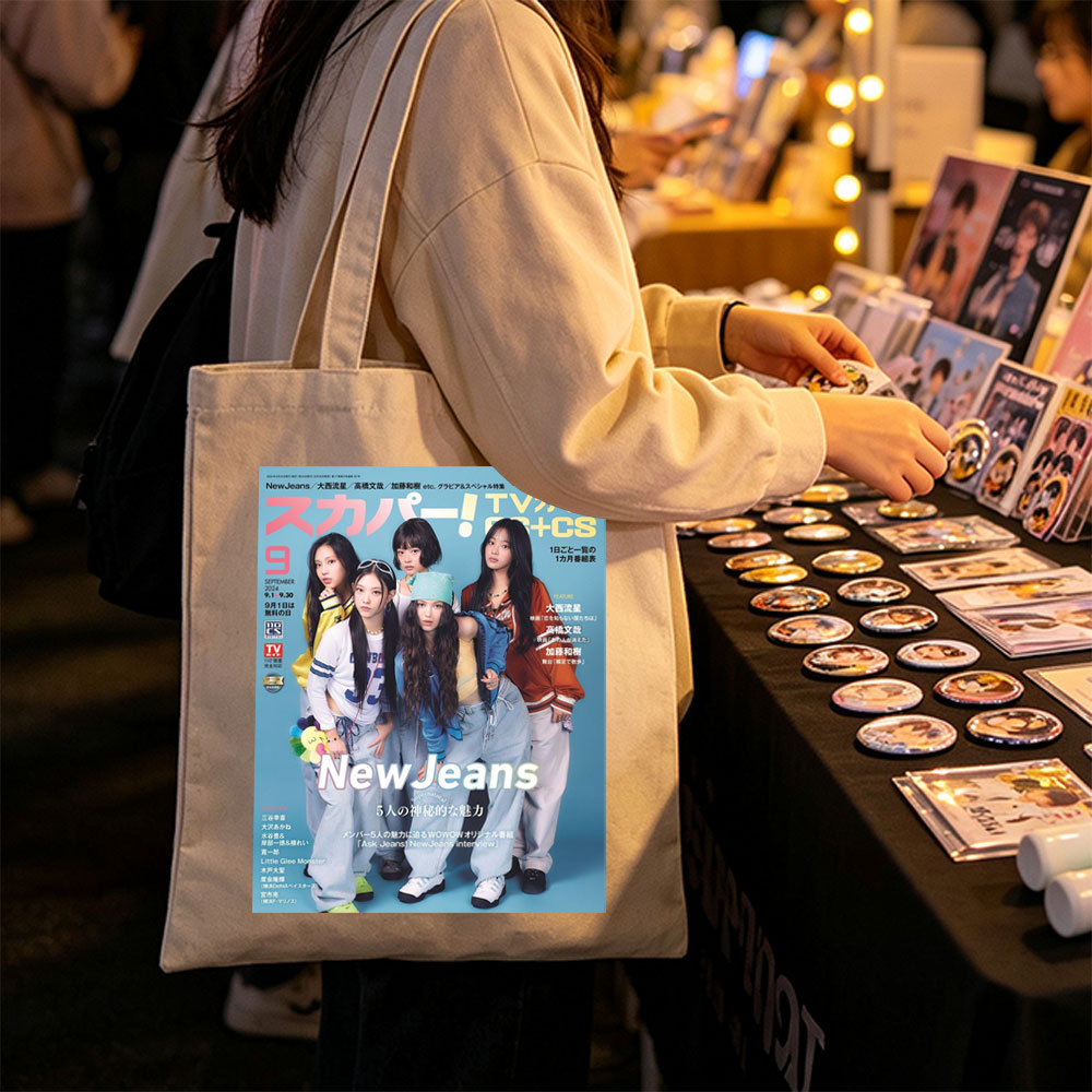 NewJeans on TV Guide Cover Featuring Five Members in Casual Outfits with Blue Background - Canvas tote bags
