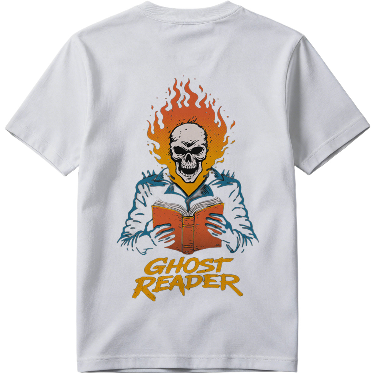 Ghost Reader: Skull with Flames Reading a Book - Tee