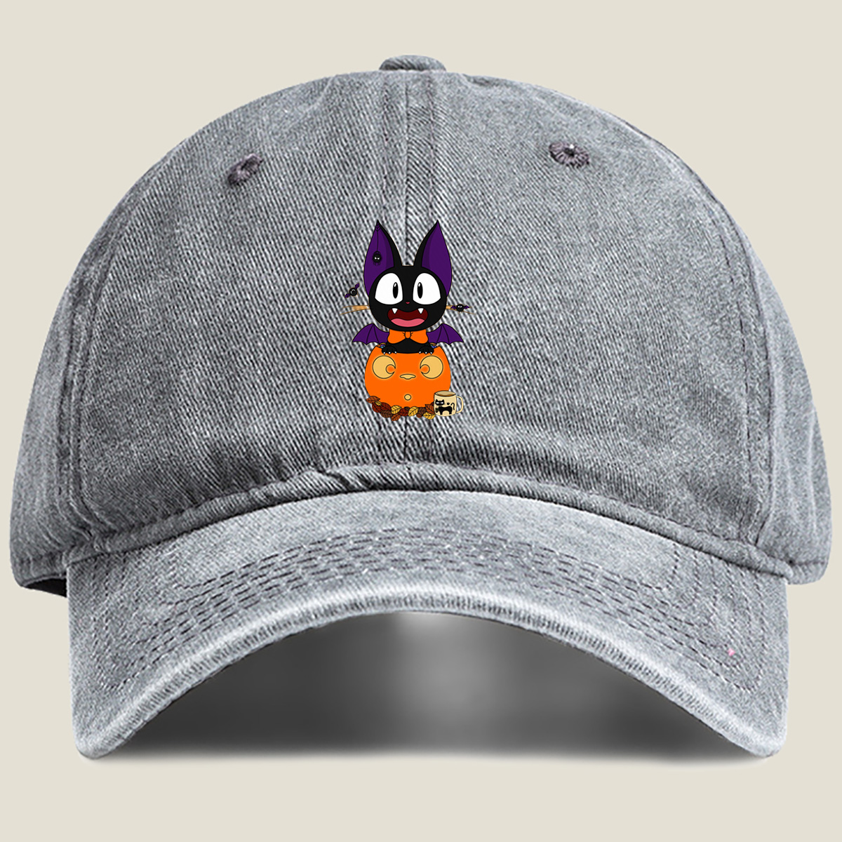 Halloween Cat with Pumpkin and Bat Wings - Washed Denim - Baseball Cap