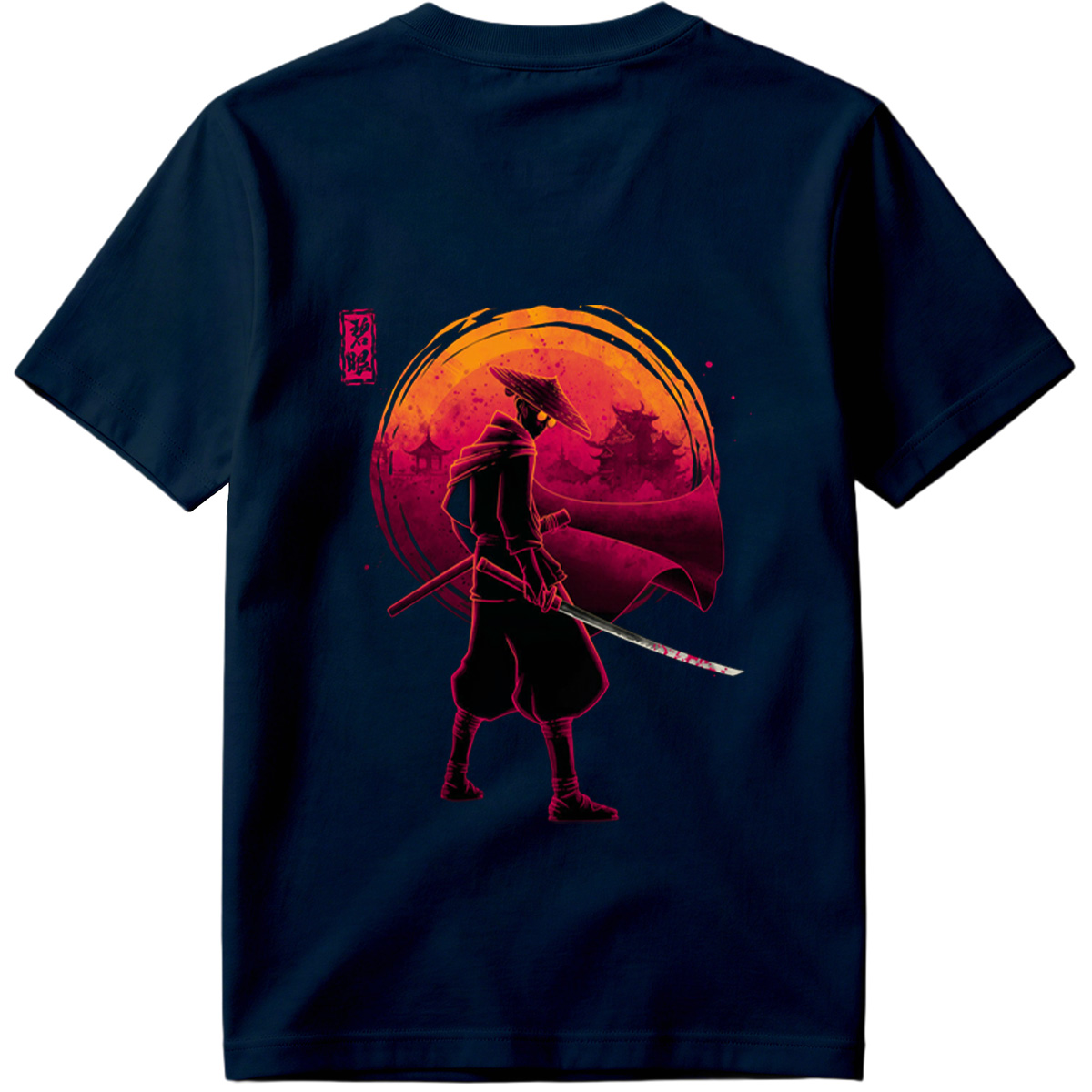 Samurai Warrior with Bloodied Sword Against Crimson Moon - Tee