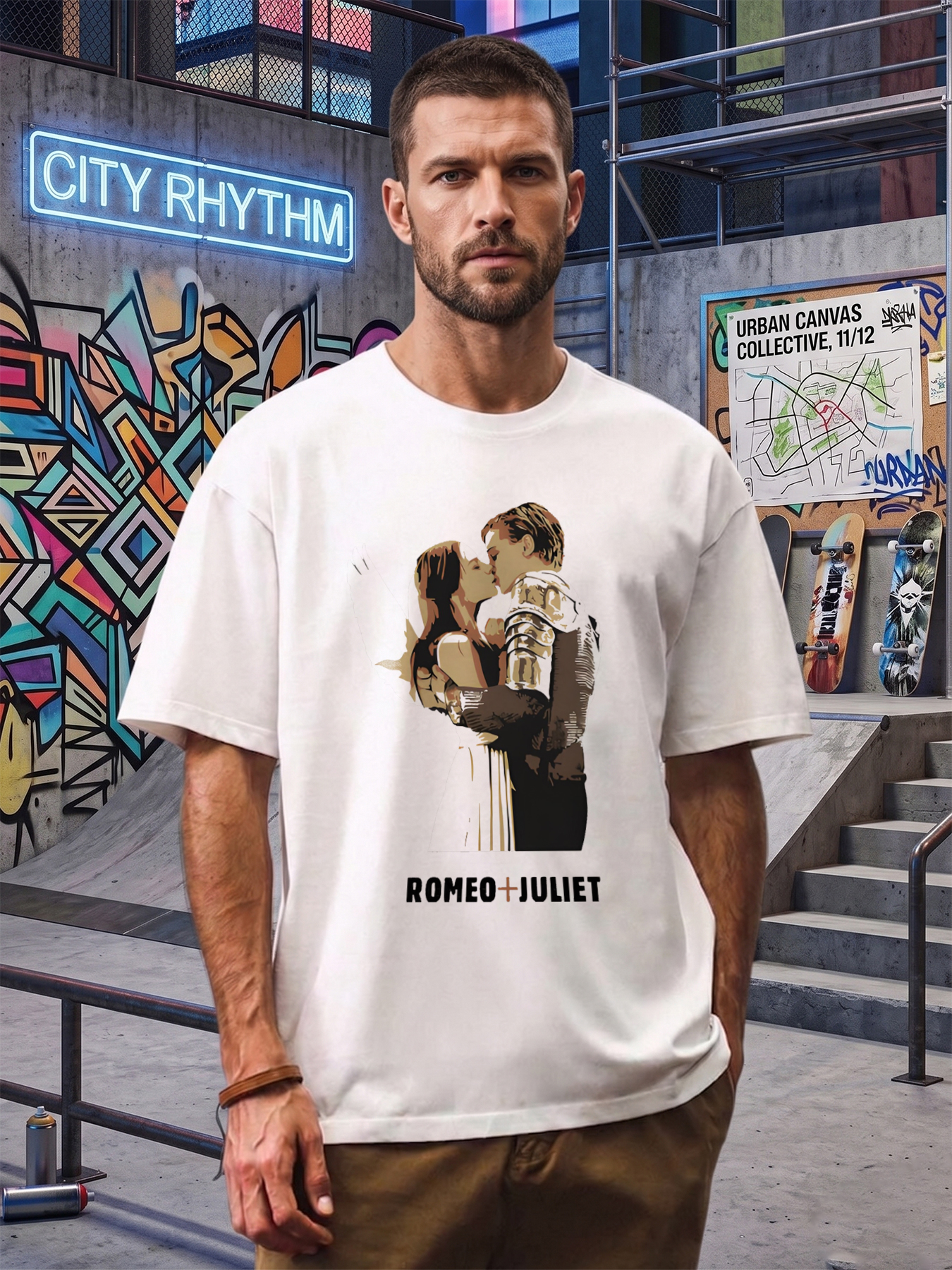 Men's Printed T-Shirt Romeo and Juliet Romantic Couple Art Design Casual Round Neck Summer Lightweight Breathable Short Sleeve T-Shirt for Literature Lovers and Drama Fans