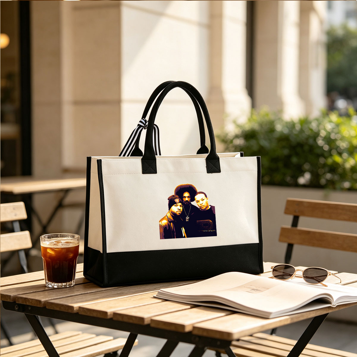 De La Soul: Posdnuos, Dave, and Maseo in a stylized portrait - Canvas patchwork gift tote bag