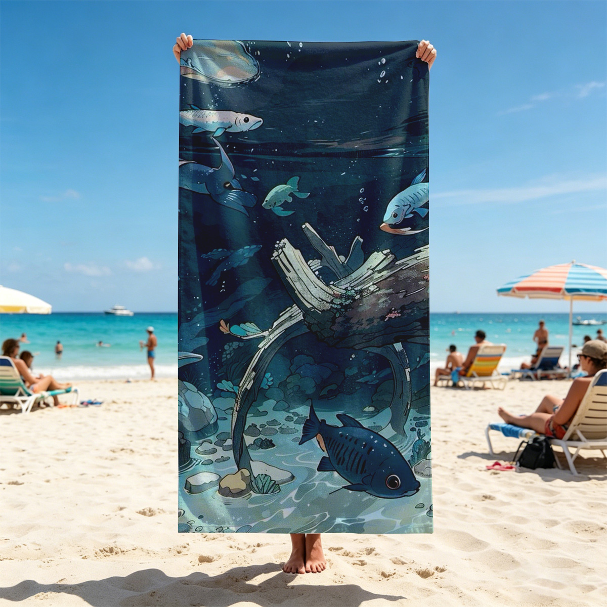 Underwater Scene with Fish and Sunken Log - Beach towels