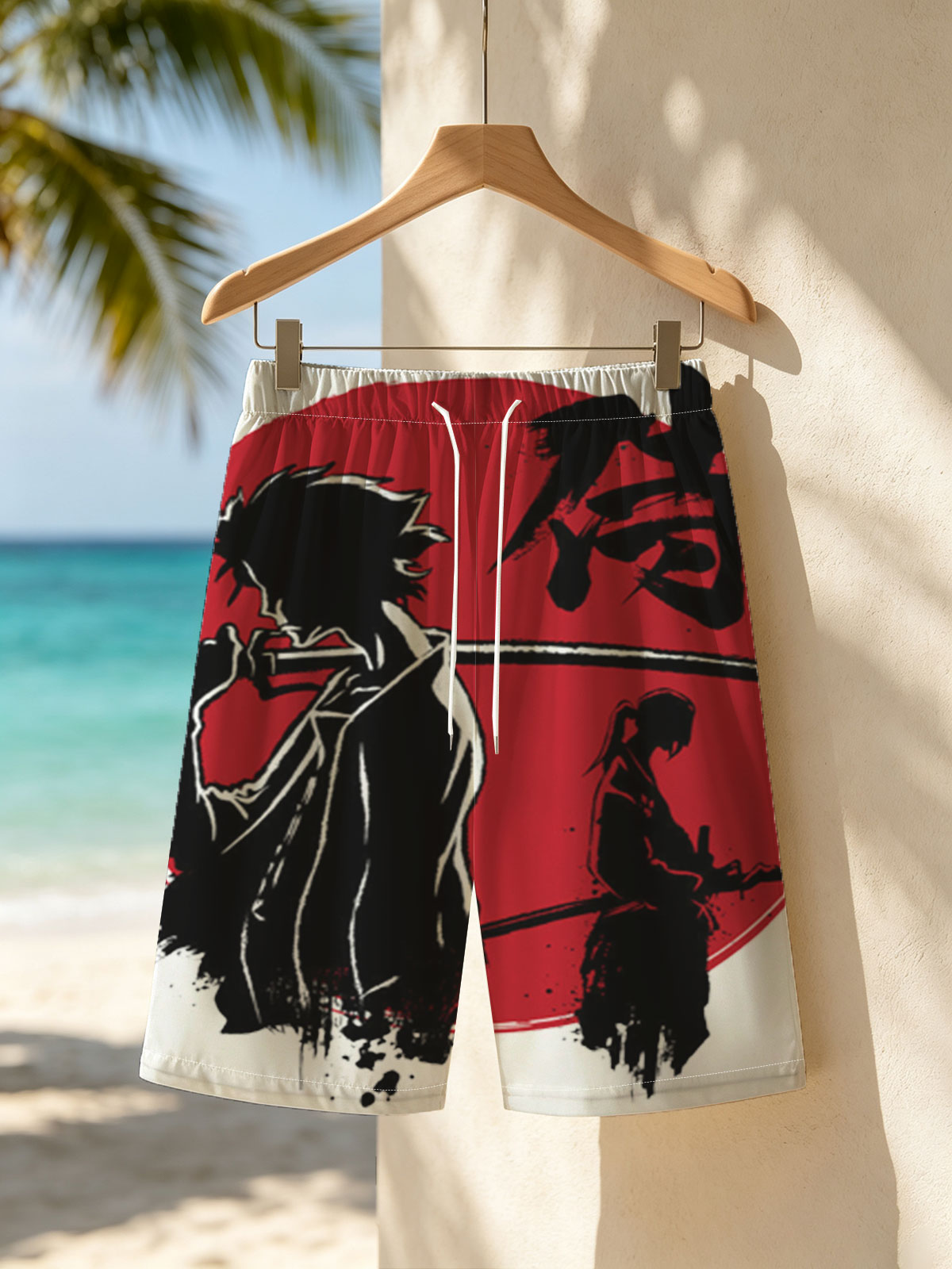 Samurai Silhouettes with Katana Against Red Moon Background -  Beach shorts