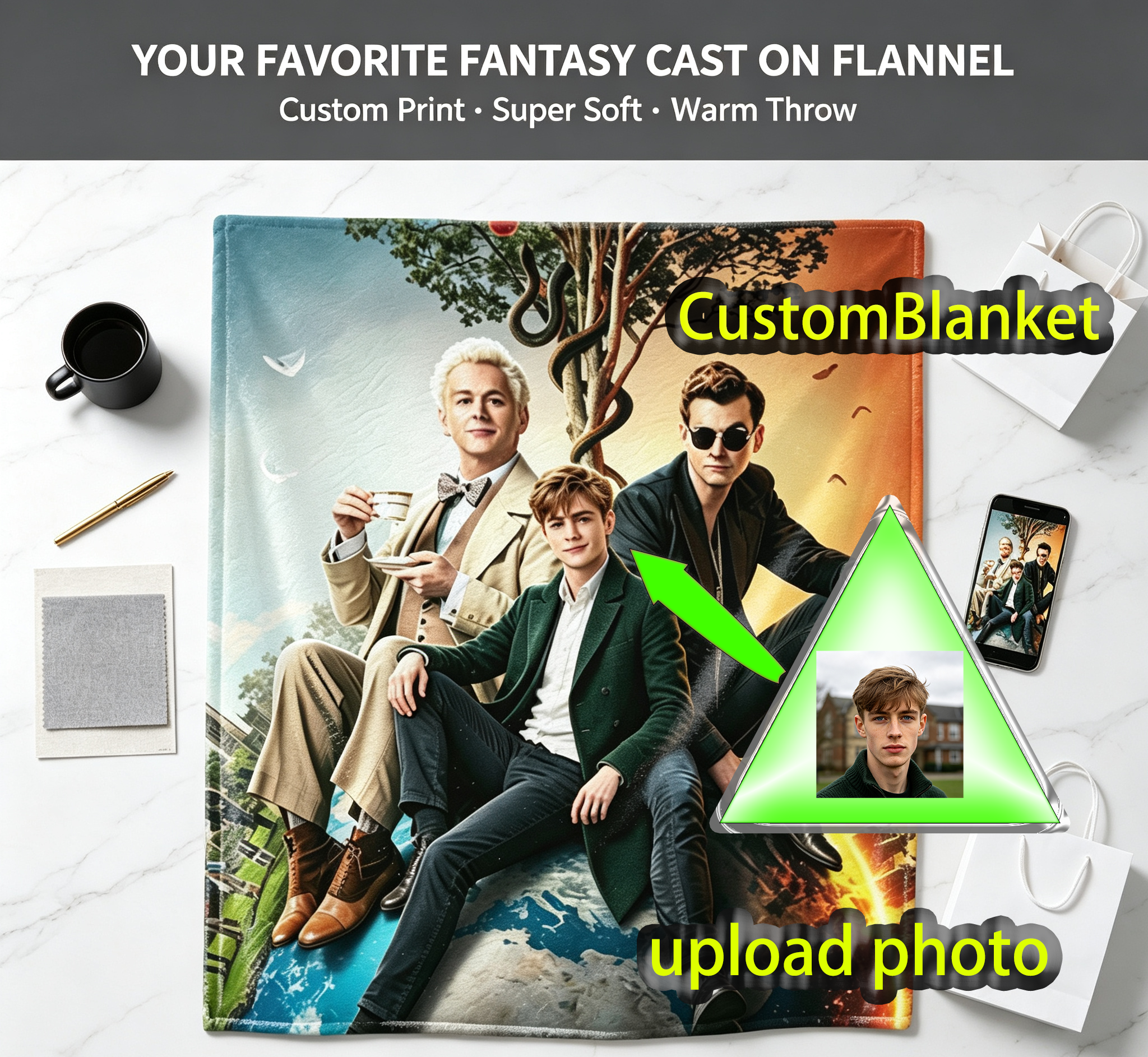 Custom Face Blanket Good Omens Flannel Blanket Featuring Aziraphale and Crowley Perfect for Fans of the TV Series Ideal Gift for Book and Show Lovers Cozy Throw for Couch or Bed Giveaway Item