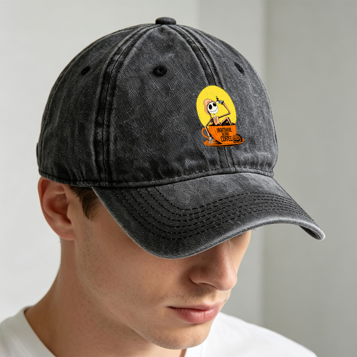 Jack Skellington in Coffee Cup - Nightmare Before Coffee - Washed Denim - Baseball Cap
