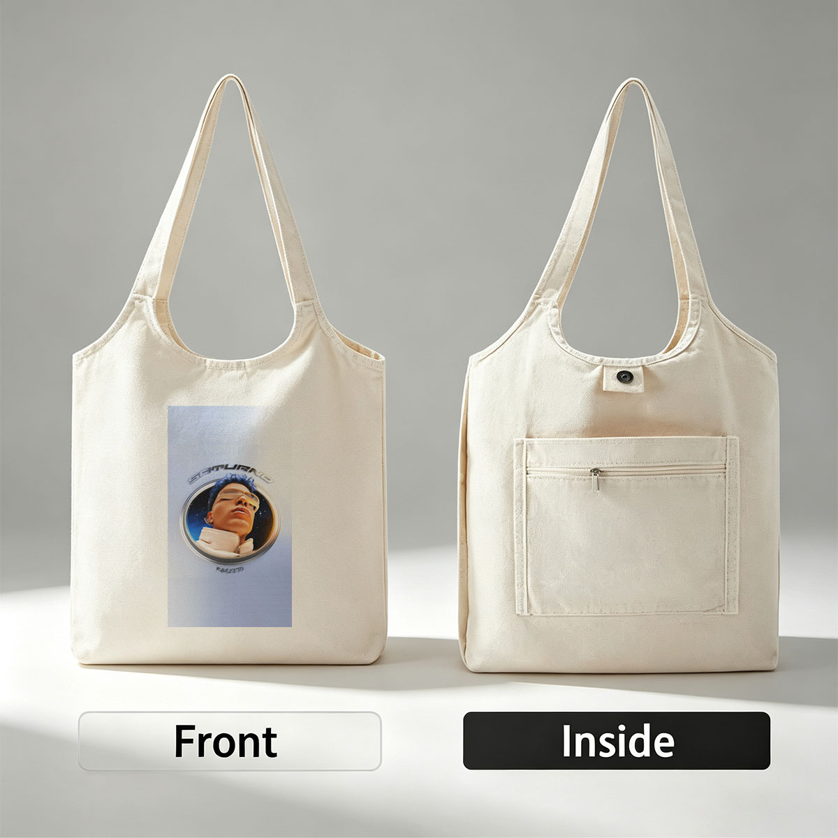 Rauw Alejandro in Space Through a Circular Window with Starry Background and Futuristic Look - Canvas shoulder bags/