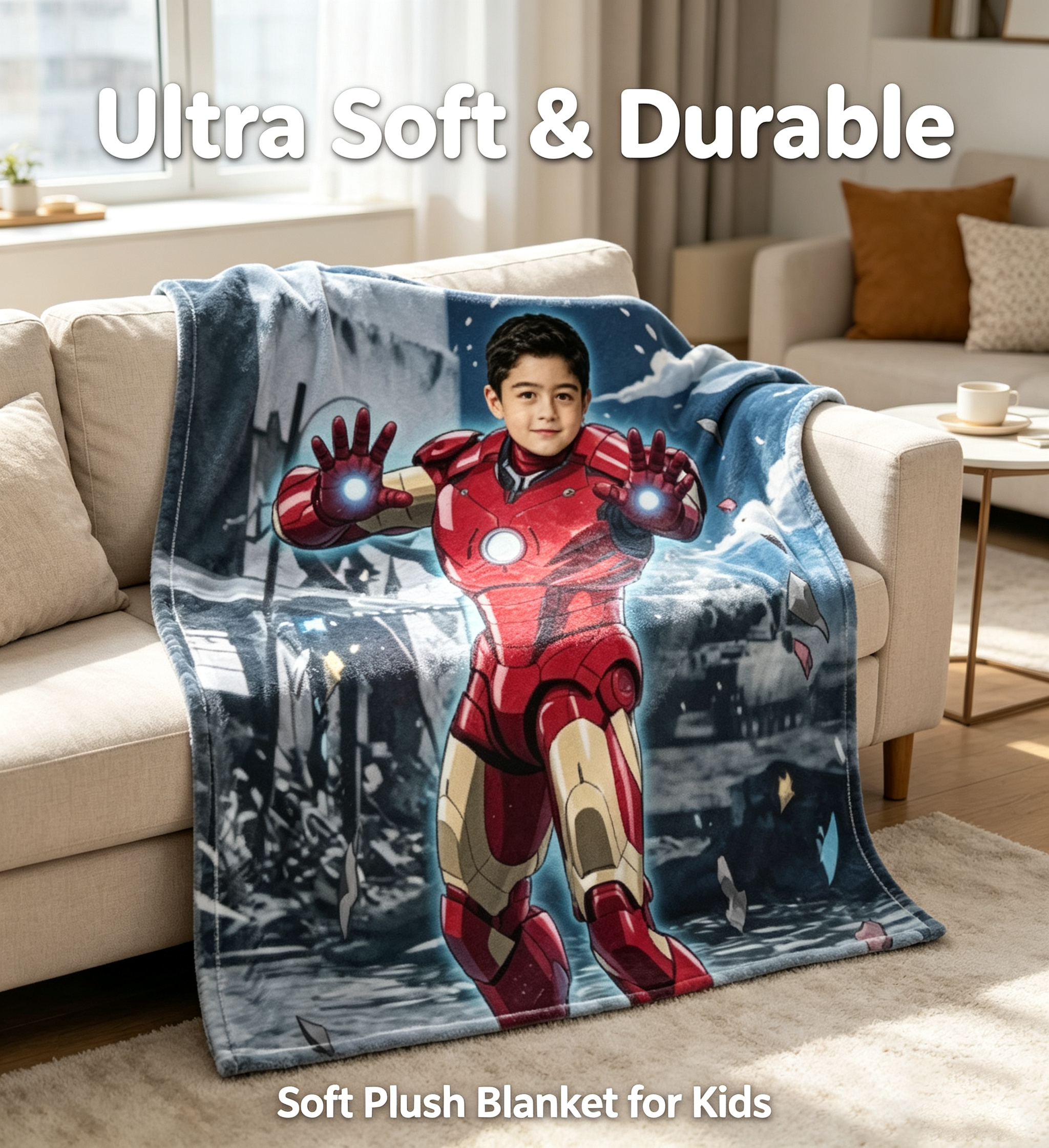 Personalized Iron Superhero Kids Blanket - Custom Face Soft Plush Throw 2.