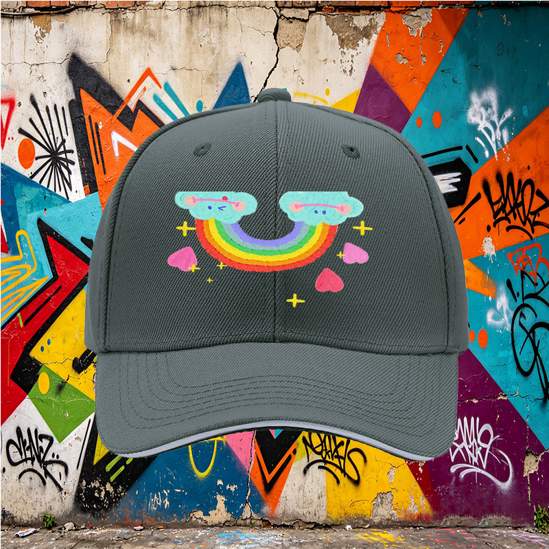 Unisex Classic Sandwich Hat with Rainbow Clouds and Hearts Print - Perfect for Casual Outings, Festivals, and Everyday Wear - Ideal for Teens and Young Adults Seeking Fun, Colorful Accessories