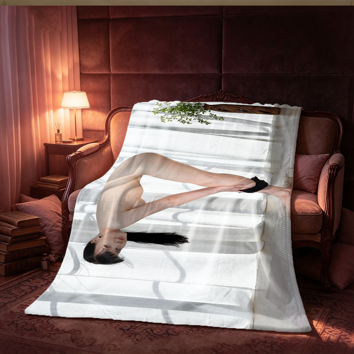 Li Bingbing in red lace lingerie and black stockings on bed - Blanket