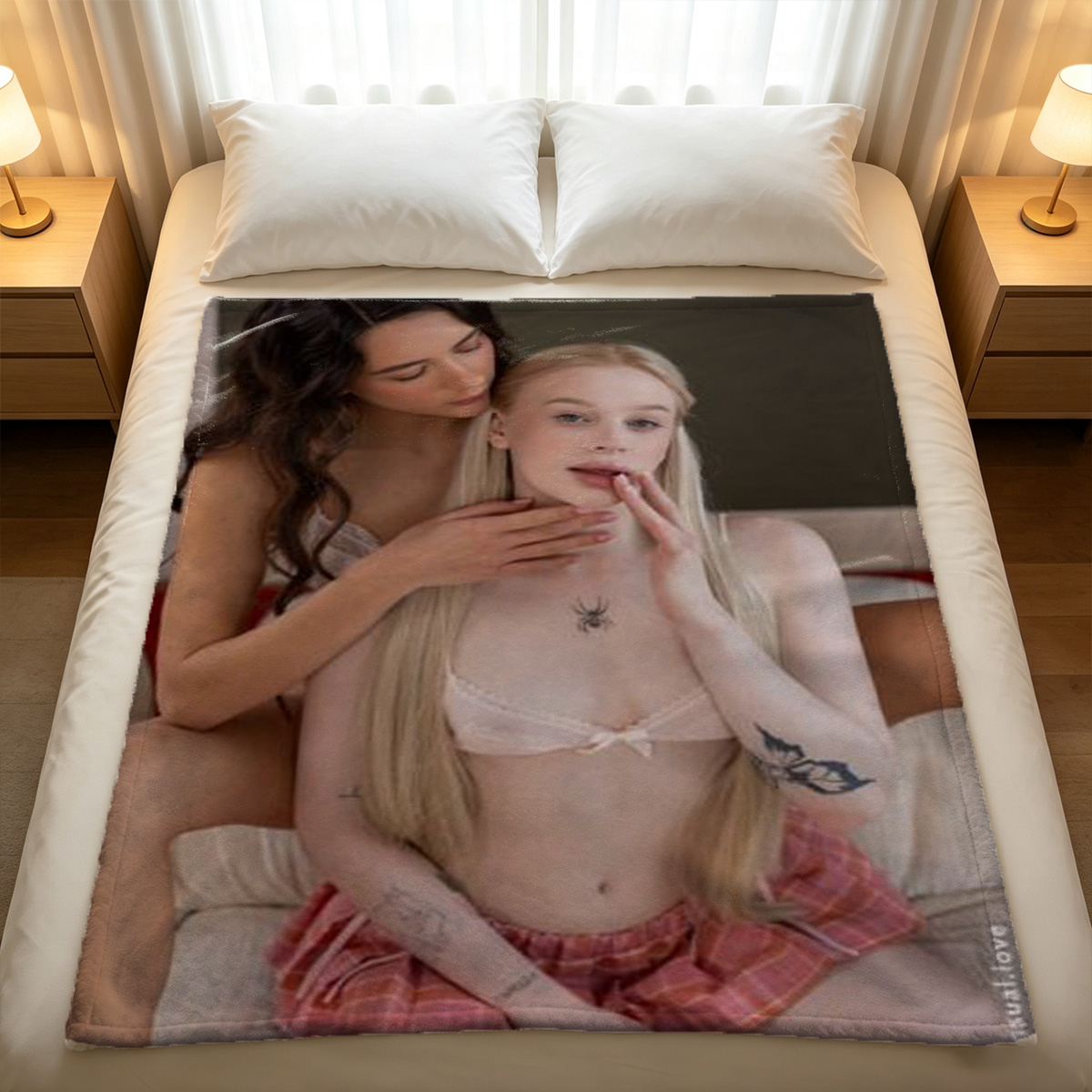 Asian beauty in white lace lingerie by red door. - Blanket