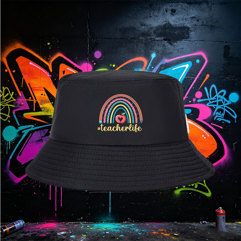 Unisex Bucket Hat with Rainbow Apple Print and #teacherlife Text – Classic Adjustable Sun Hat for Teachers, Outdoor Activities, and School Events – Perfect Gift for Educators and Teaching Professionals