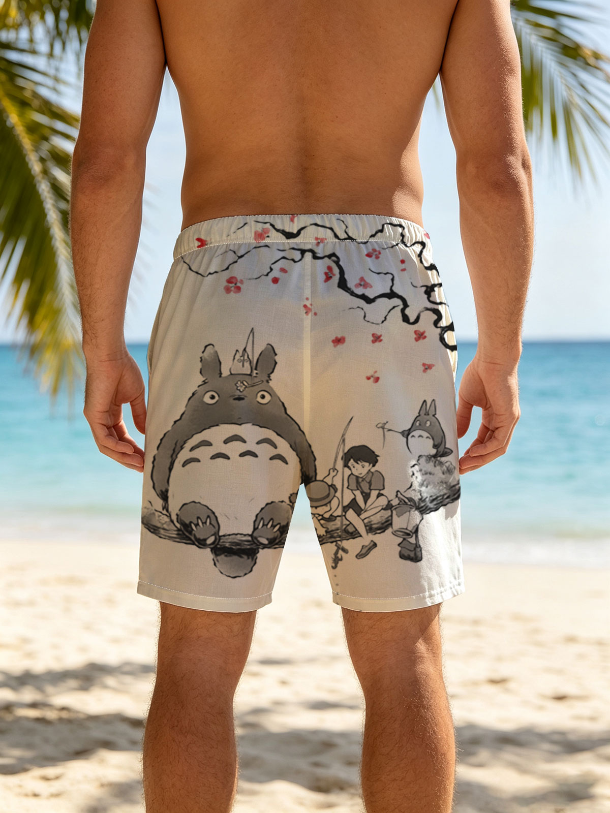 Totoro, Mei, and Satsuki Fishing Under Cherry Blossoms -  Beach shorts