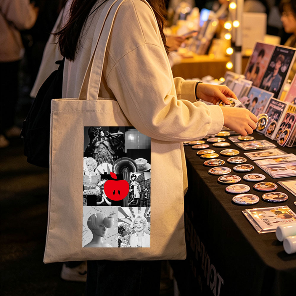 Ringo Sheena in a Retro-Futuristic Collage Featuring Black-and-White Portraits, Vinyl Records, and a Bold Red Apple Logo - Canvas tote bags