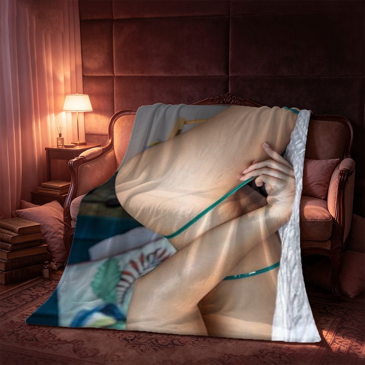 Nude woman with ponytail opening glass door from behind. - Blanket