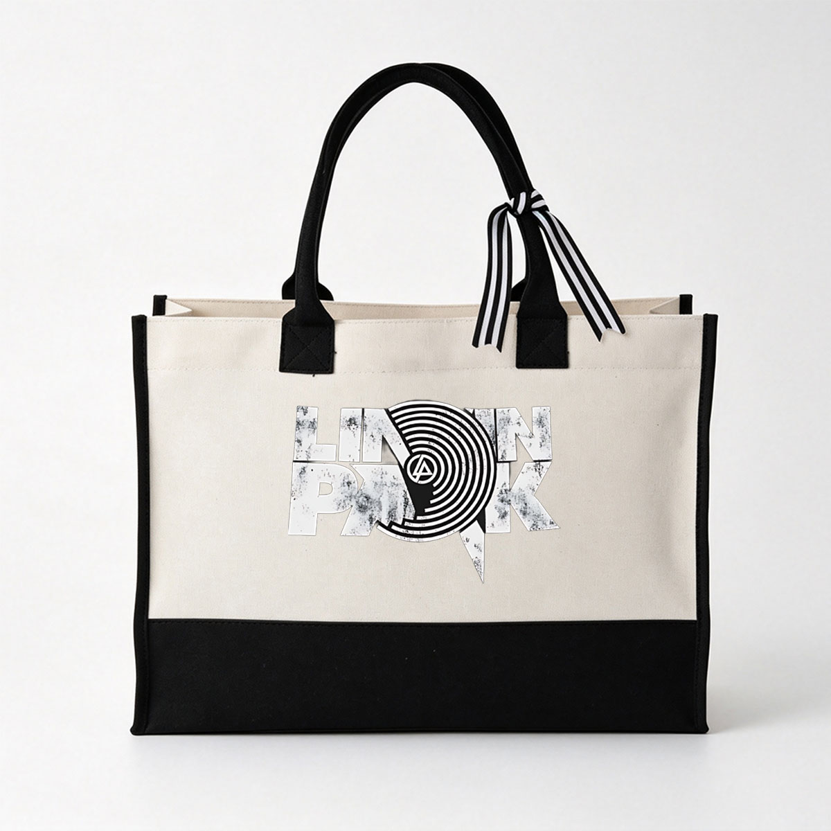 Linkin Park Logo with Grunge Design and Vinyl Record Pattern - Canvas patchwork gift tote bag