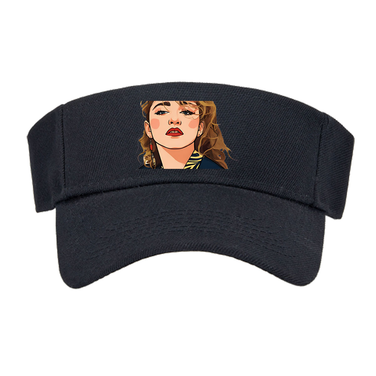 Portrait of a Woman with Blonde Hair and Blue Bow, Wearing a Navy Blue Top with Yellow Patterns -  Visor cap