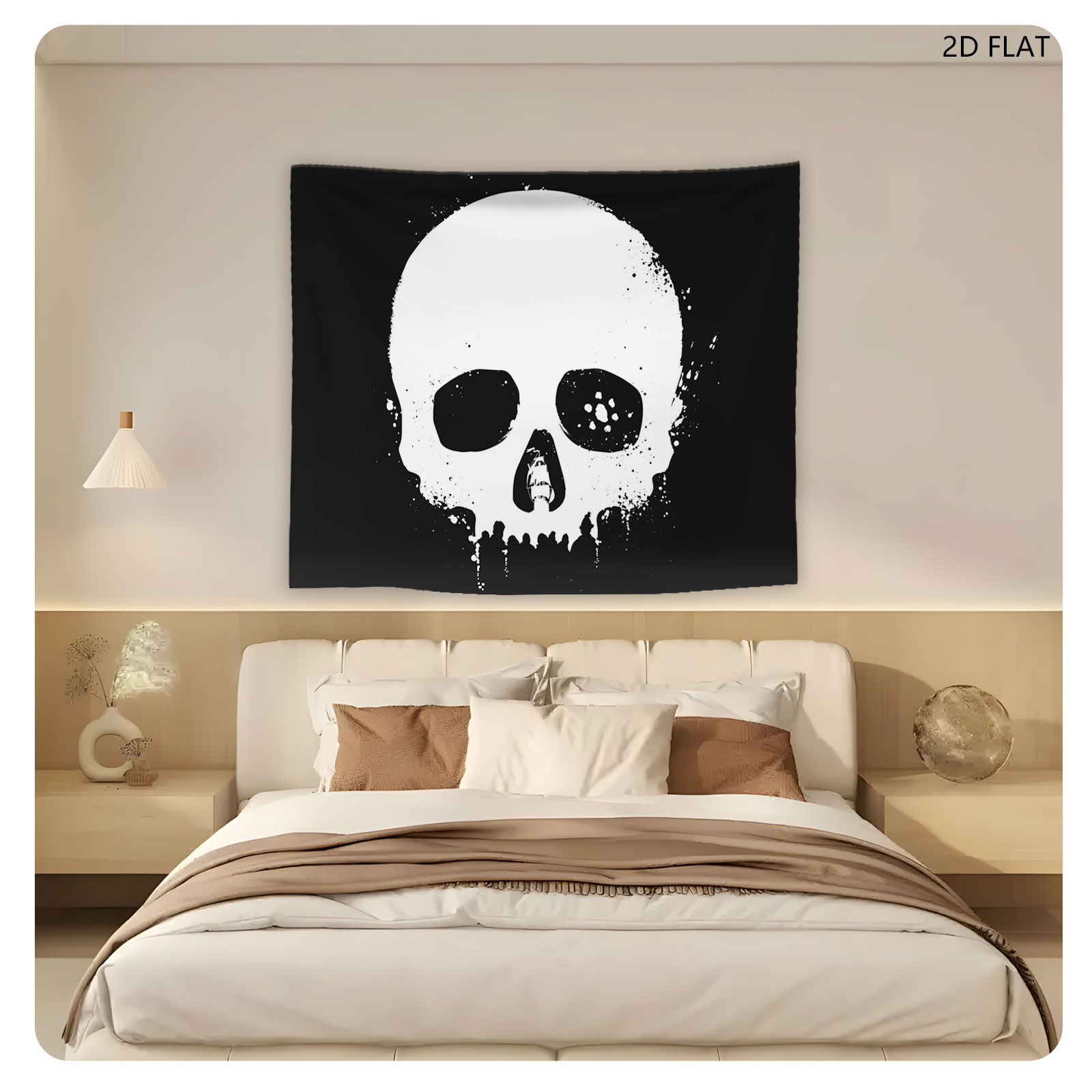 Skull with Ship in Mouth, Black and White Art - Tapestry