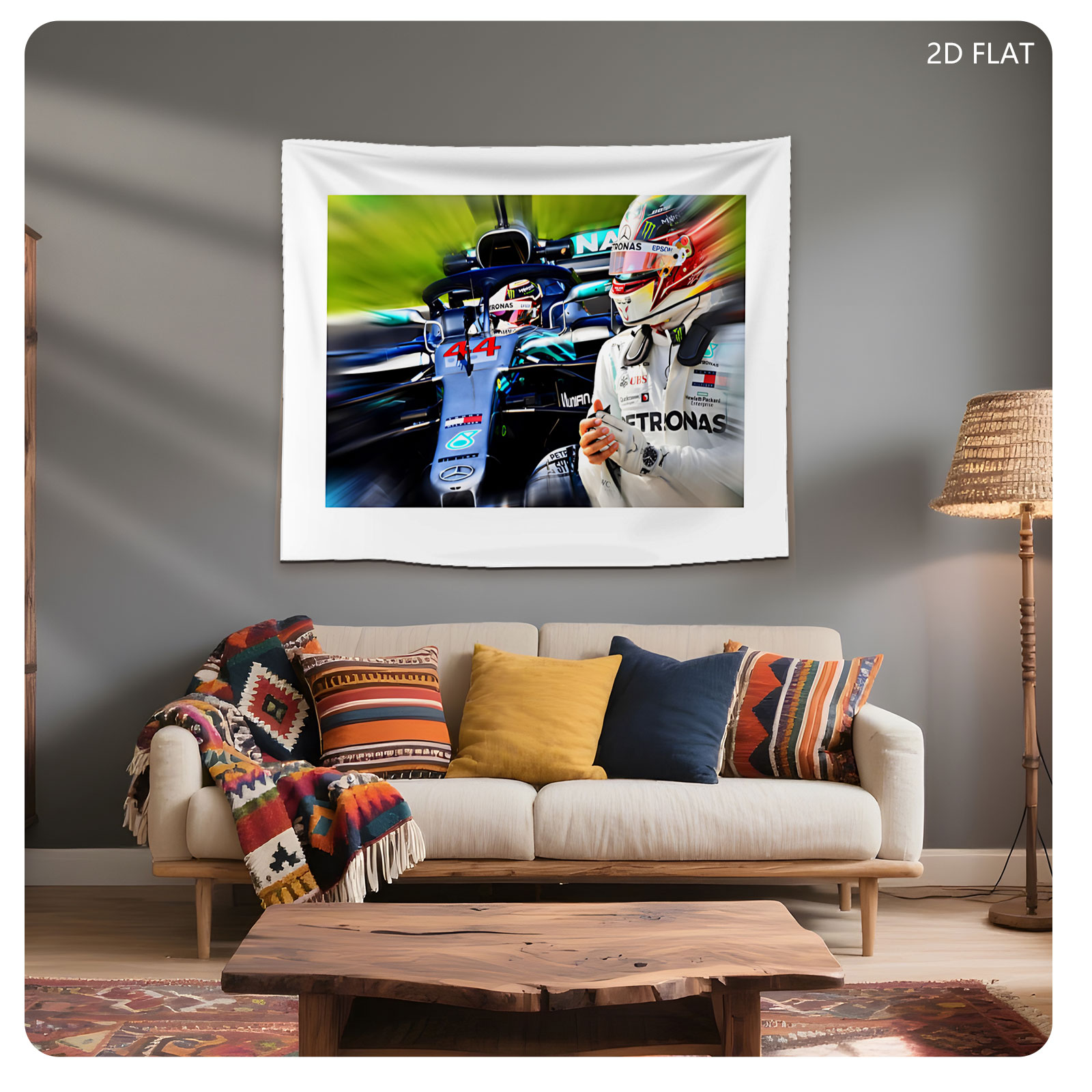 Lewis Hamilton in Mercedes F1 Car, Number 44, Petronas Sponsorship, Racing Helmet and Suit - Tapestry