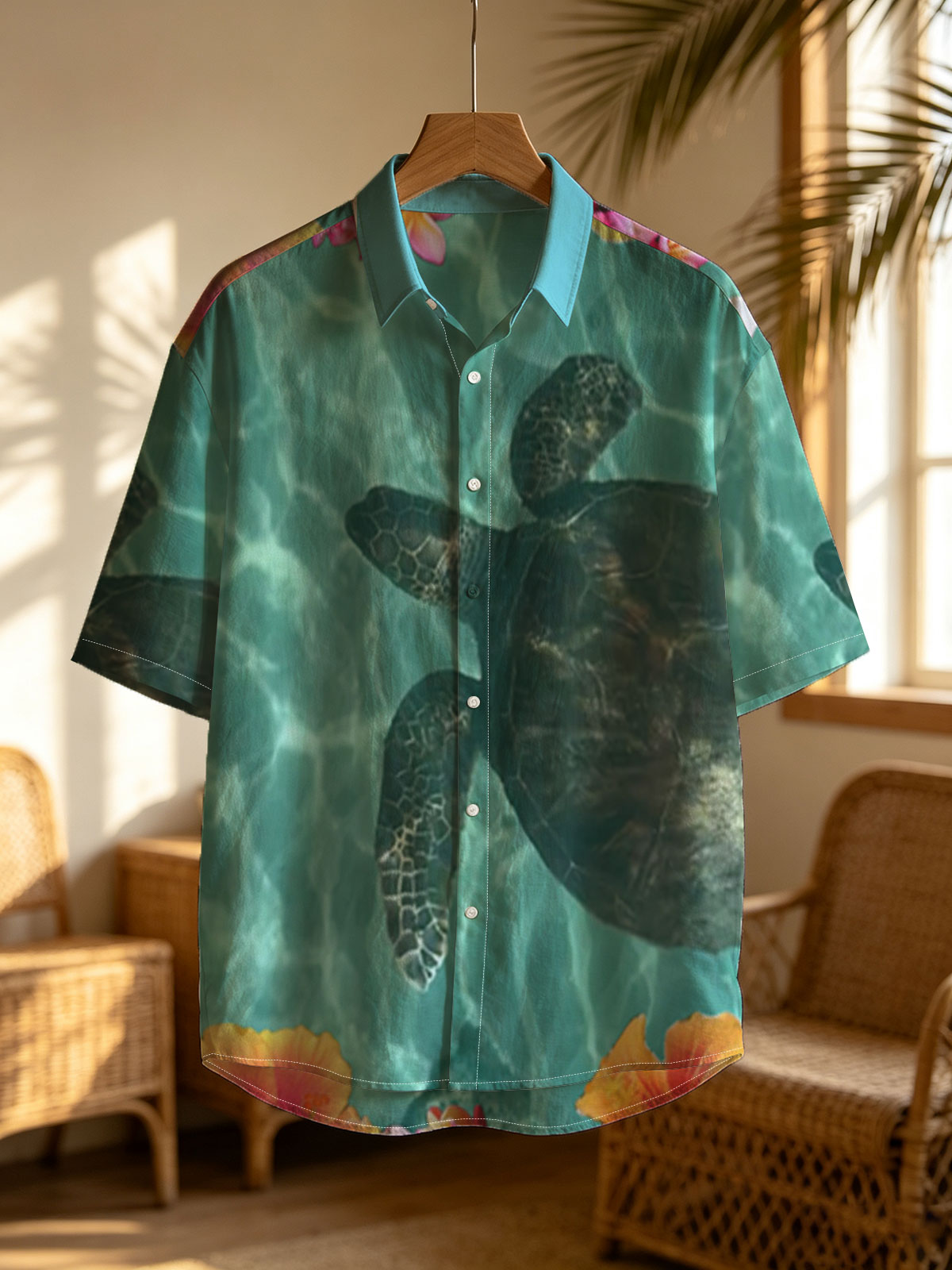 Sea Turtle Swimming Among Tropical Flowers in Clear Water -  Shirt