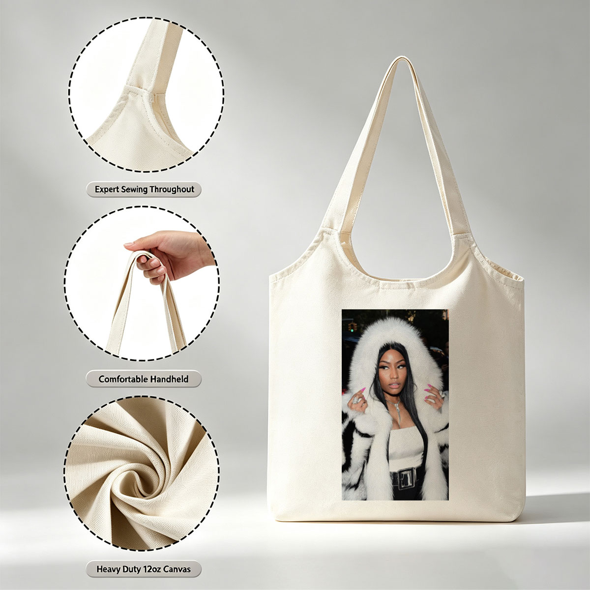 Nicki Minaj at Event Wearing White Fur Coat and Bold Pink Nails - Canvas shoulder bags/