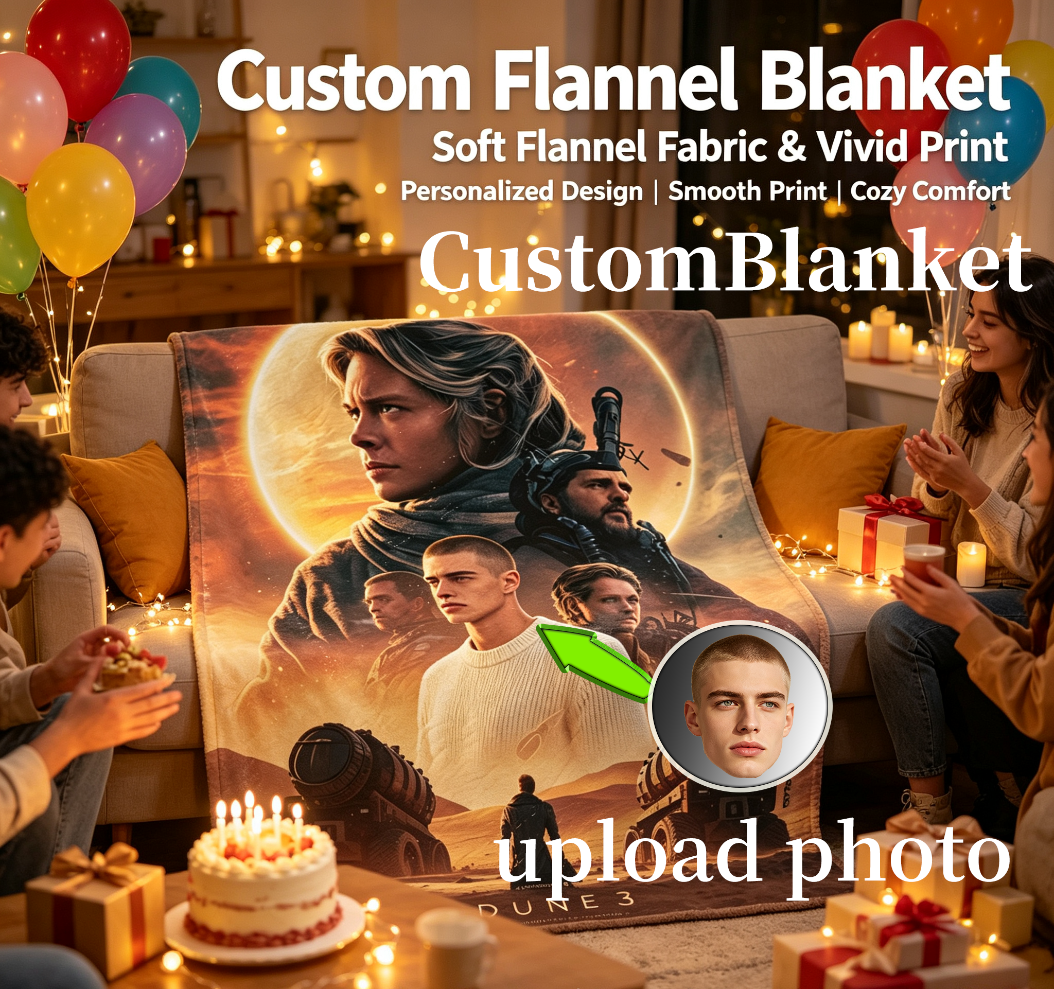 Custom Face Blanket Dune 3 The Holy War Flannel Blanket Desert Sci-Fi Movie Theme Cozy Bedding Gift for Fans