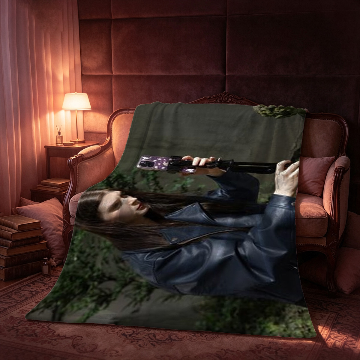 Dita Von Teese in black fishnet bodysuit and stockings on all fours on bed - Blanket