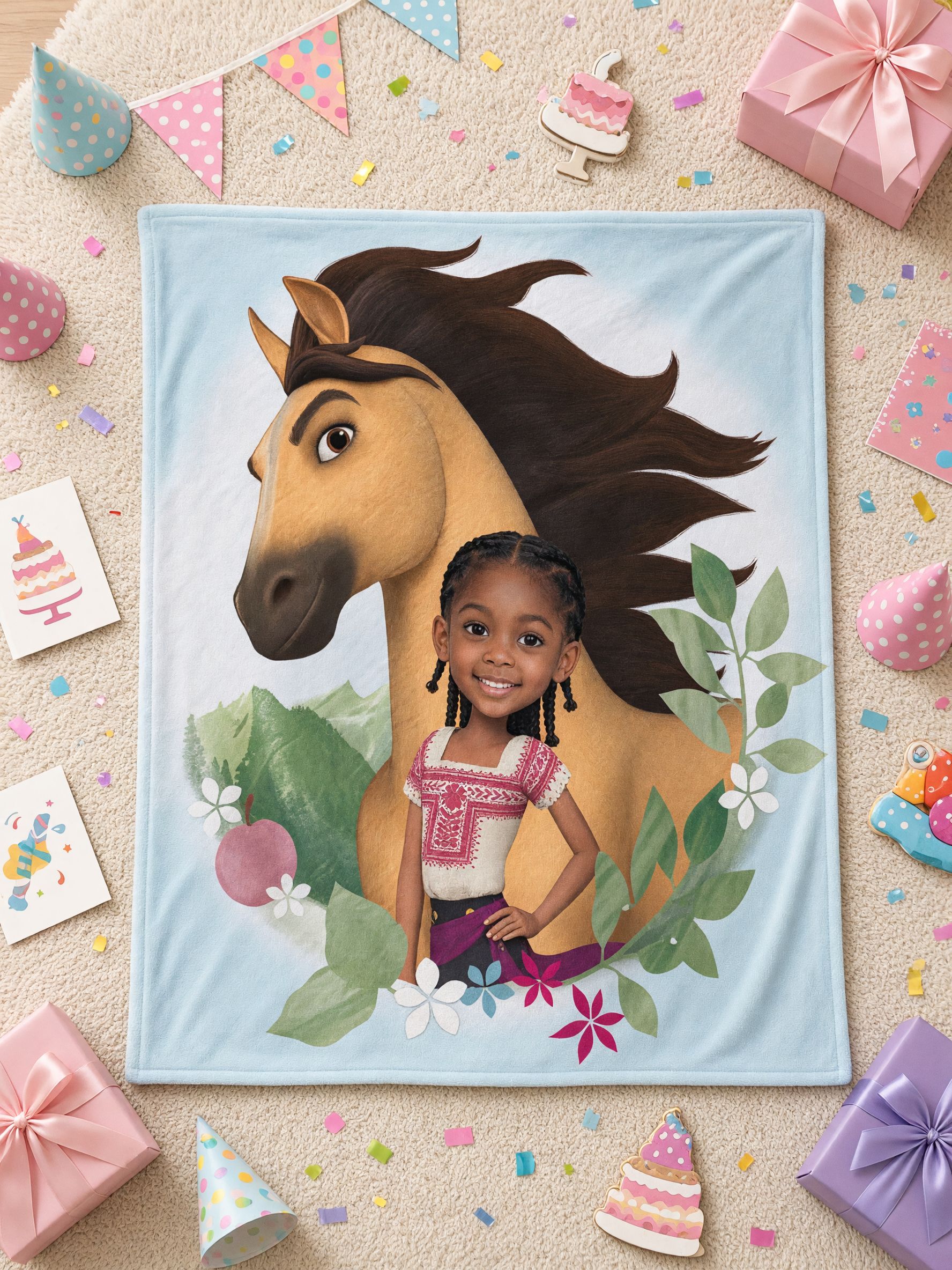 Custom Face Photo Blanket Personalized Flannel Throw with Wild Horse Graphic, Soft Cozy Bed Cover Gift