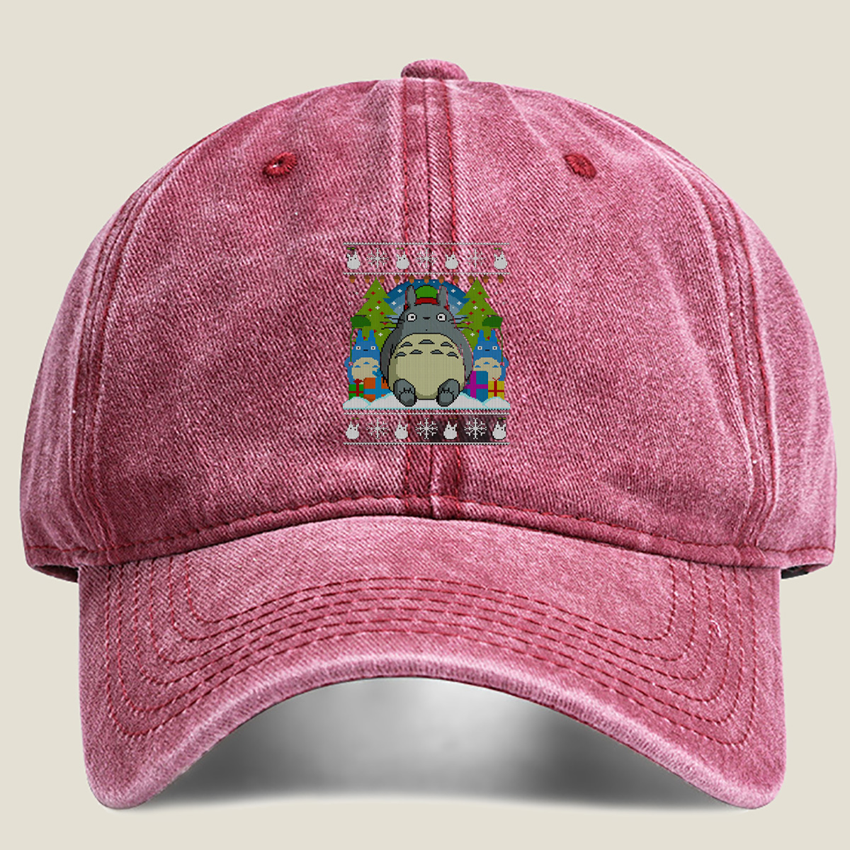 Totoro Christmas Sweater Design - Washed Denim - Baseball Cap
