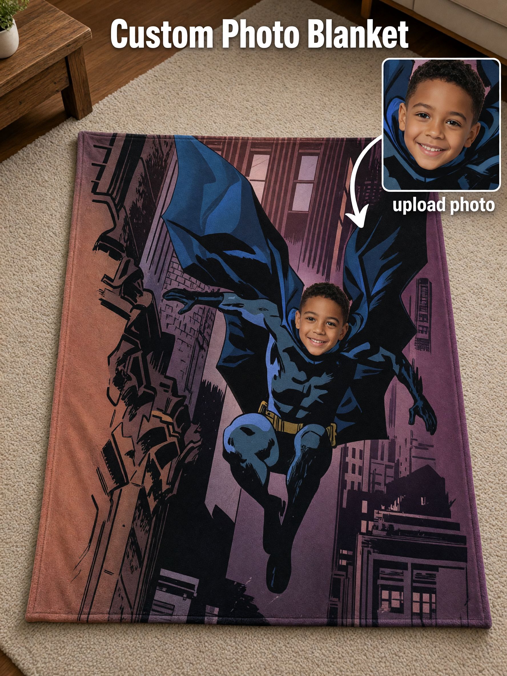 Custom Superhero Photo Flannel Blanket Personalized Face Fleece Throw Cozy Comic Gift for Kids Couch Bed