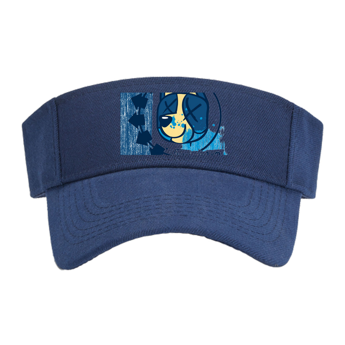 Bluey-182: A stylized blue and yellow cat face with X eyes, arrows, and splatter effects on a textured blue background. -  Visor cap
