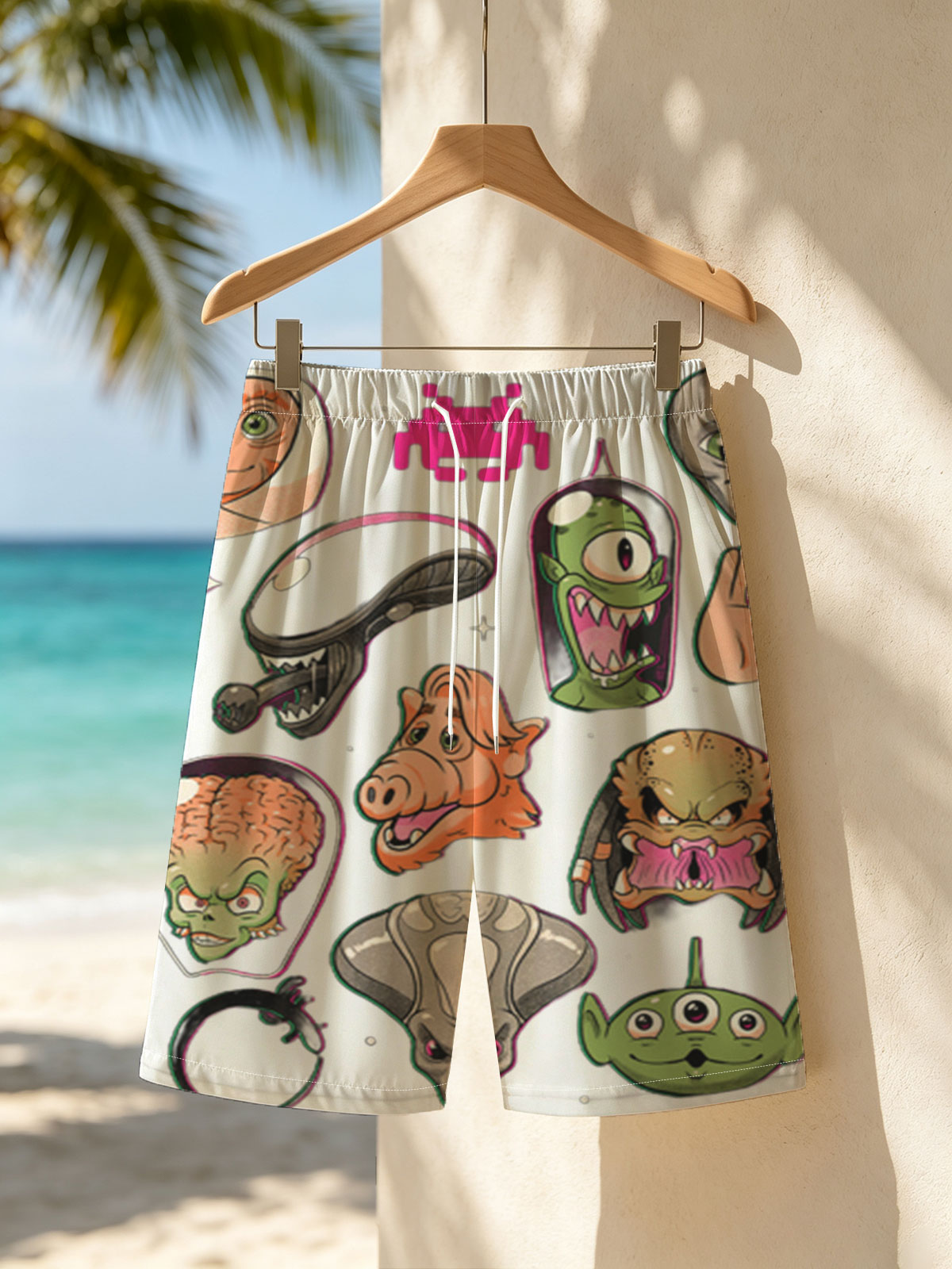 Alien Characters and Sci-Fi Icons: E.T., Alien, Predator, Yoda, Darth Vader, Space Invader, and More -  Beach shorts