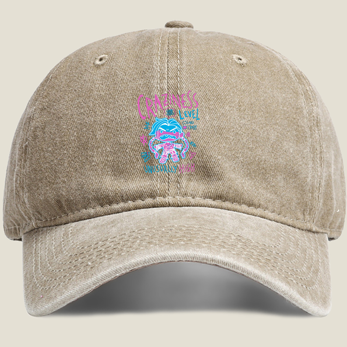 Craziness Level: Unusually High - Blue Character with Pink Accents - Washed Denim - Baseball Cap
