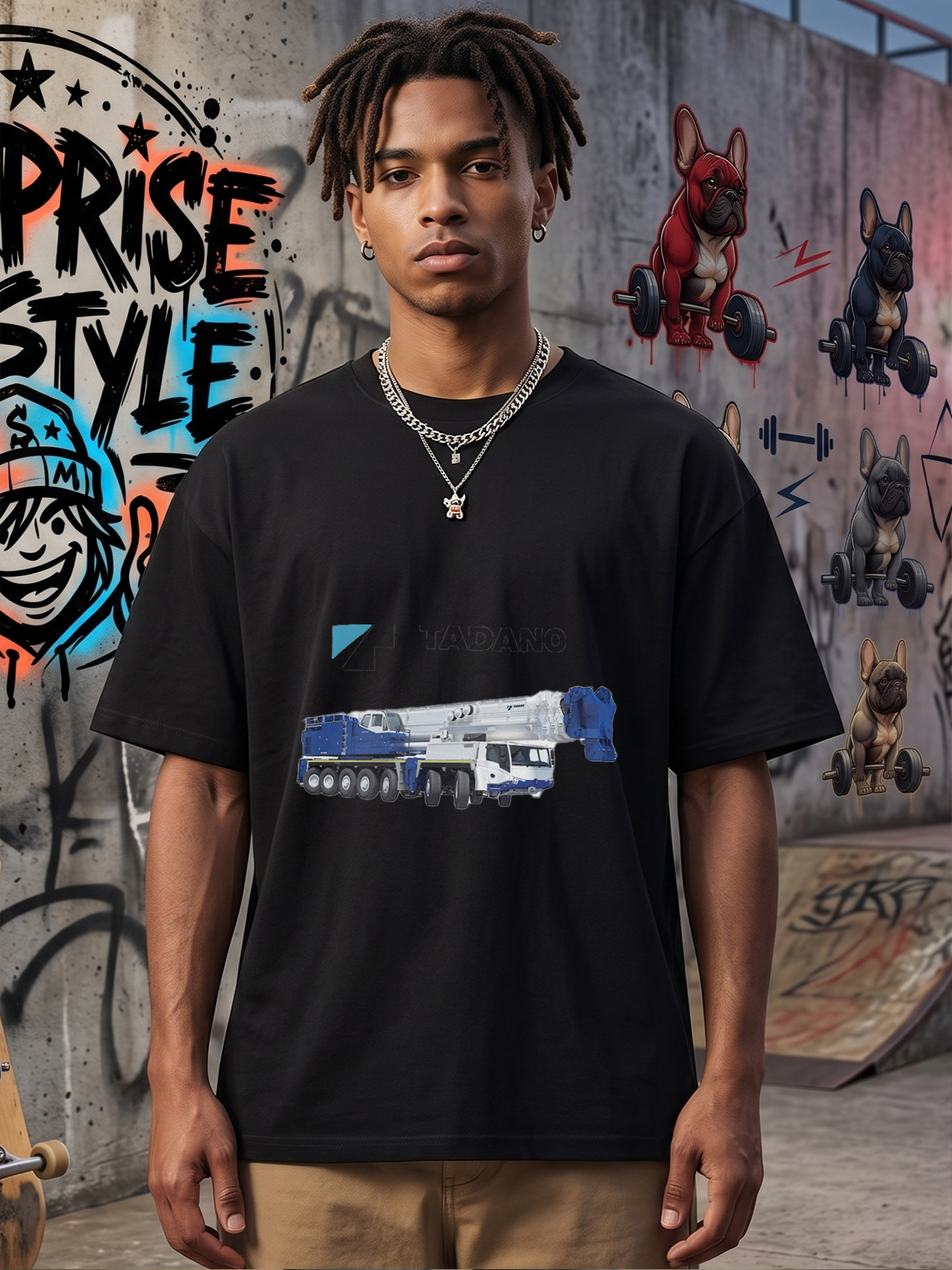 Men's Printed T-Shirt Featuring Tadano Crane Design and Logo - Casual Round Neck Lightweight Breathable Summer Short Sleeve Tee for Construction Enthusiasts, Heavy Equipment Lovers, and Outdoor Workers