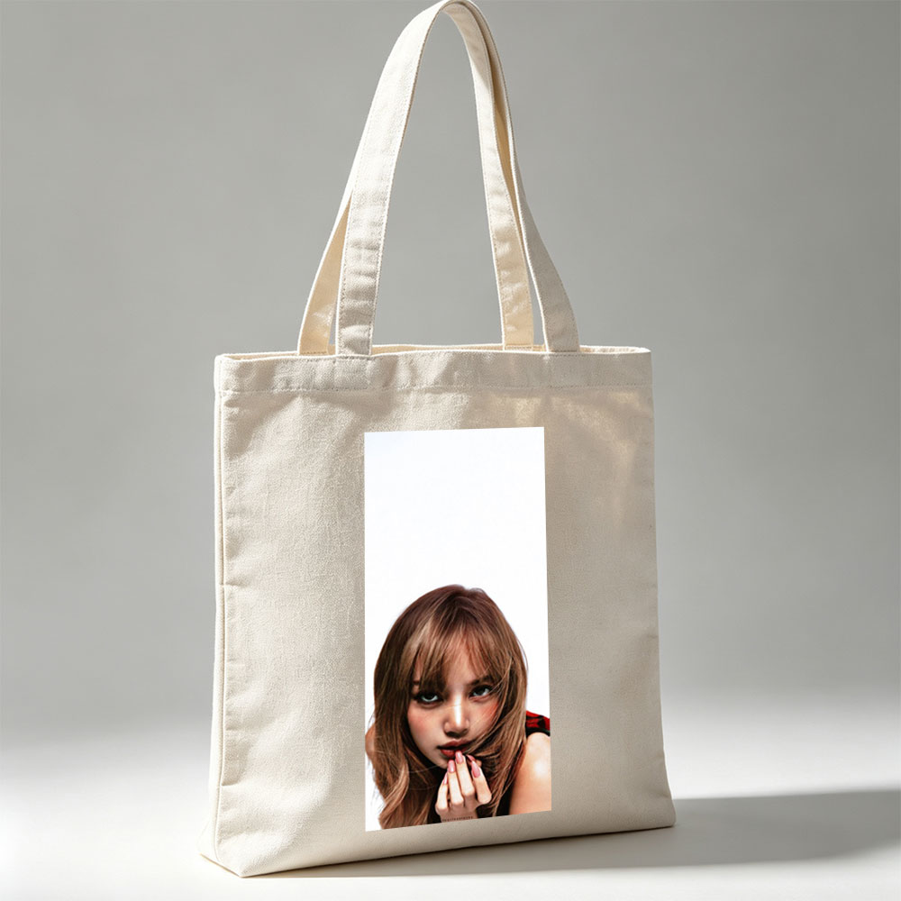 Lisa Blackpink Close-Up Portrait with Blush and Pink Nails on White Background - Canvas tote bags