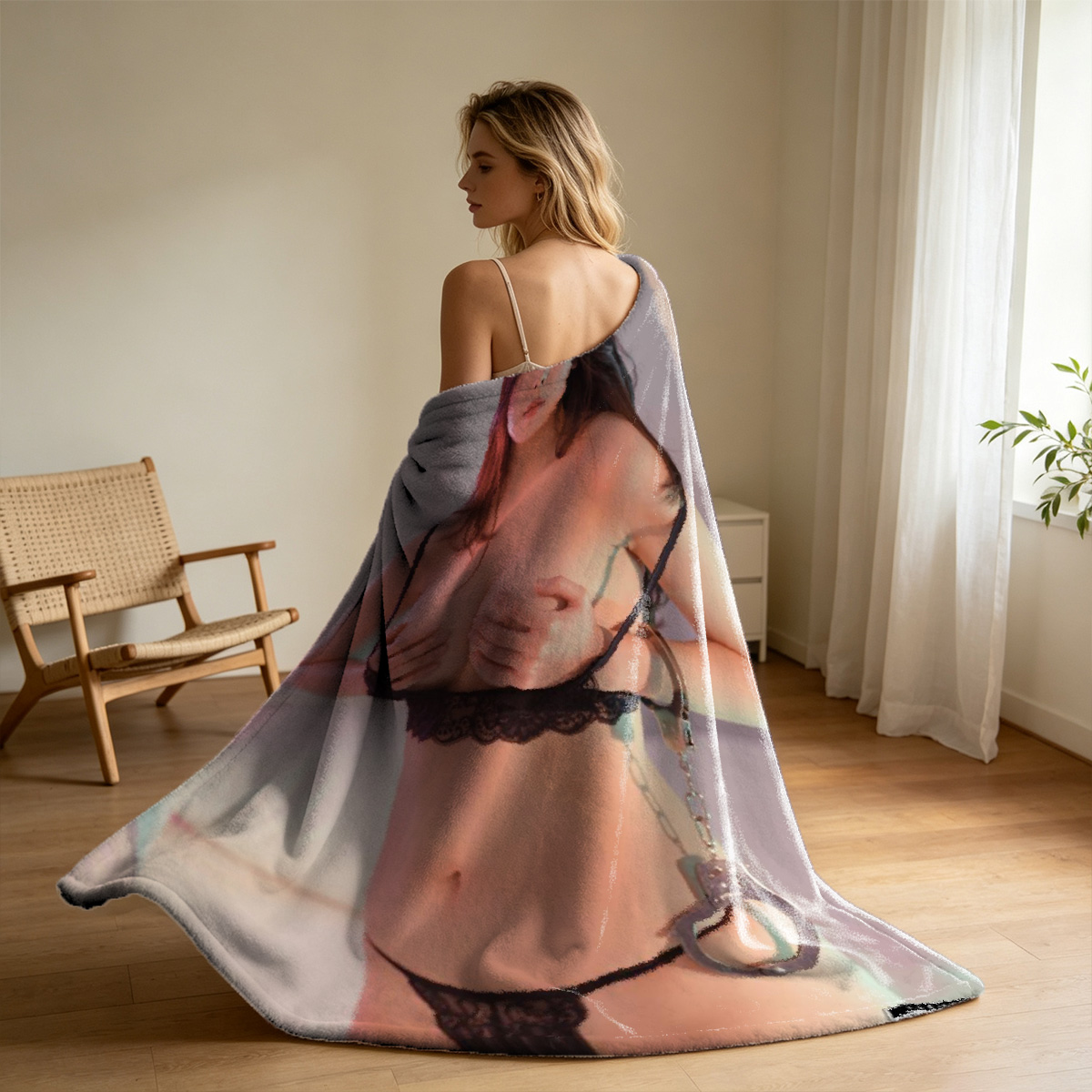 Nude Blonde in Black Thong on Wicker Bench by Window - Blanket