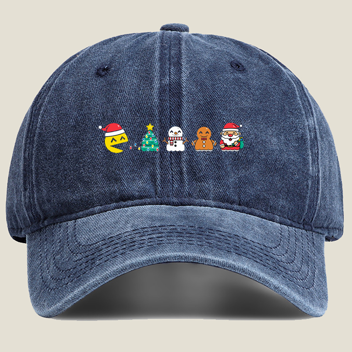 Pac-Man Christmas Characters: Pac-Man, Christmas Tree, Snowman, Gingerbread Man, Santa Claus - Washed Denim - Baseball Cap