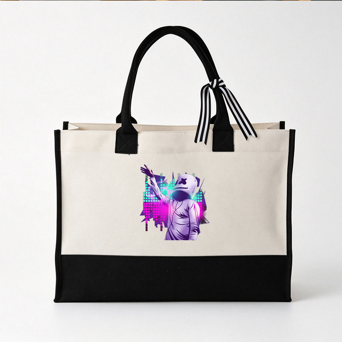 Marshmello DJing in a vibrant neon cityscape - Canvas patchwork gift tote bag