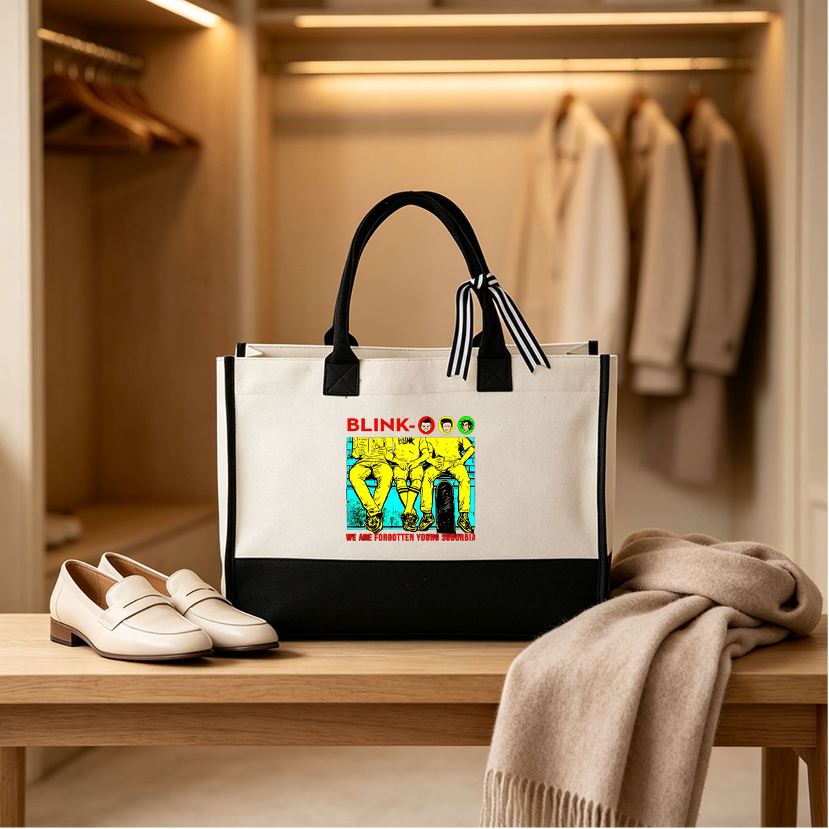 Blink-182: Forgotten Young Suburbia – Band Members in Yellow Outfits with Skateboard and Book - Canvas patchwork gift tote bag