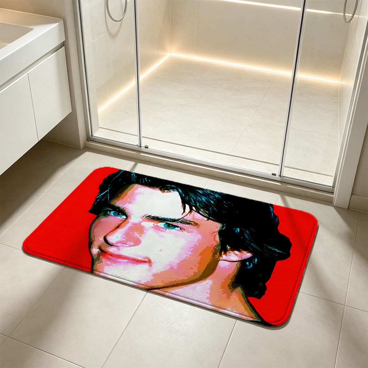 Tom Cruise in a stylized portrait with vibrant red background - Flannel floor mat