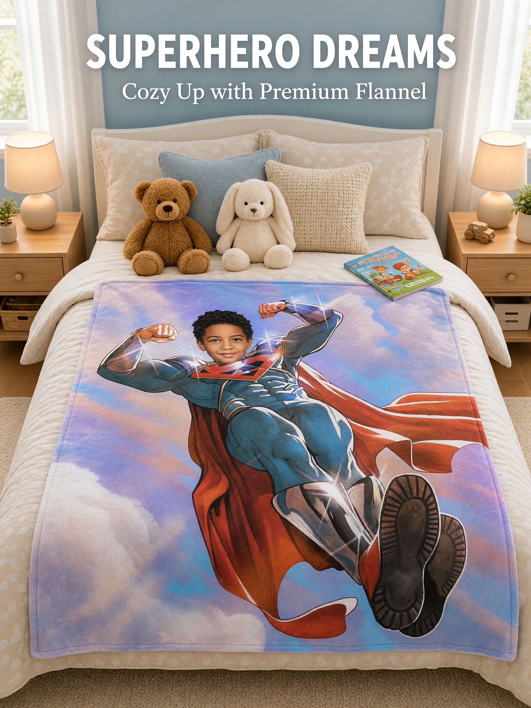 Custom Superhero Face Photo Blanket Personalized Flannel Fleece Throw Soft Anti-Pilling Keepsake Gift for Kids Boys