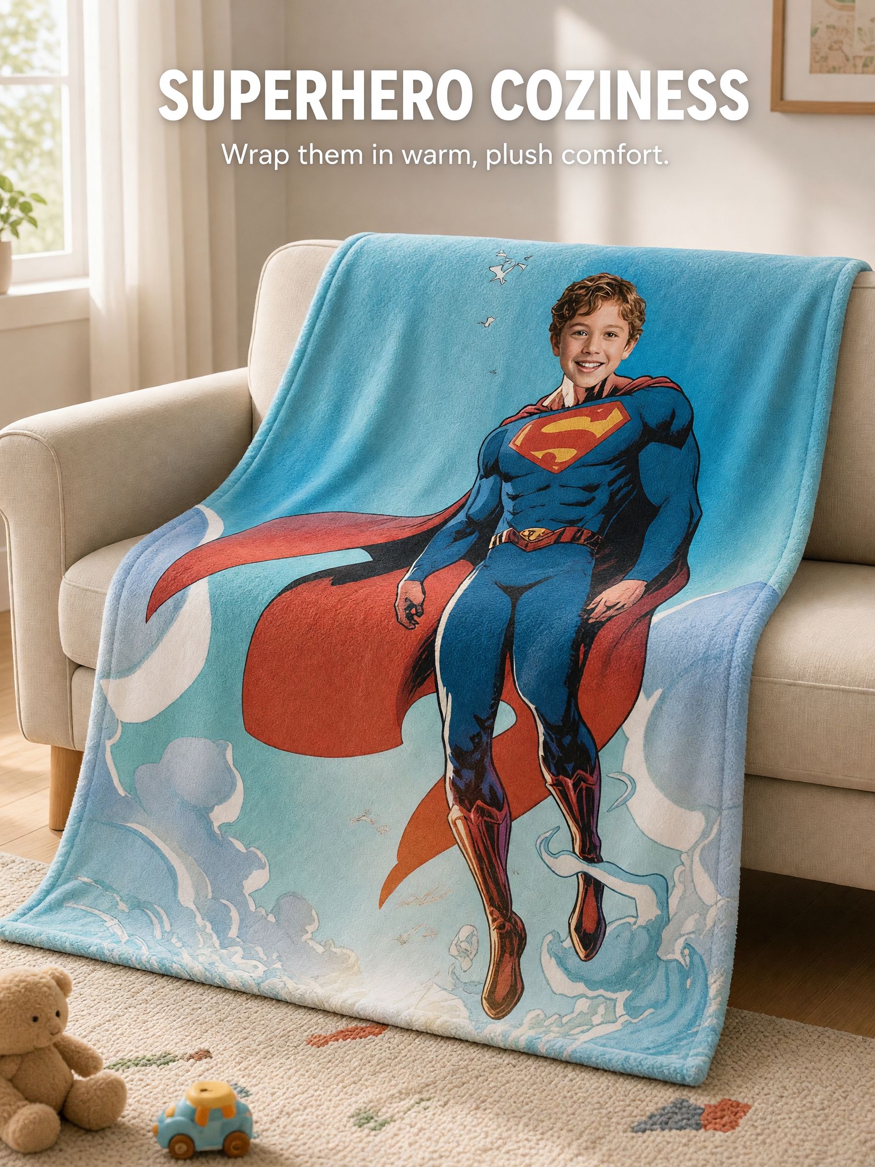 Custom Photo Face Superhero Blanket, Personalized Ultra Soft Flannel Throw for Kids and Adults, Cozy Hero Keepsake Gift