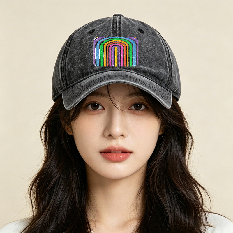 Unisex Classic Washed Baseball Cap with Glitter Rainbow Arc Print - Stylish Sun Protection Hat for Outdoor Activities, Perfect for Fashion-Lovers and Casual Wearers