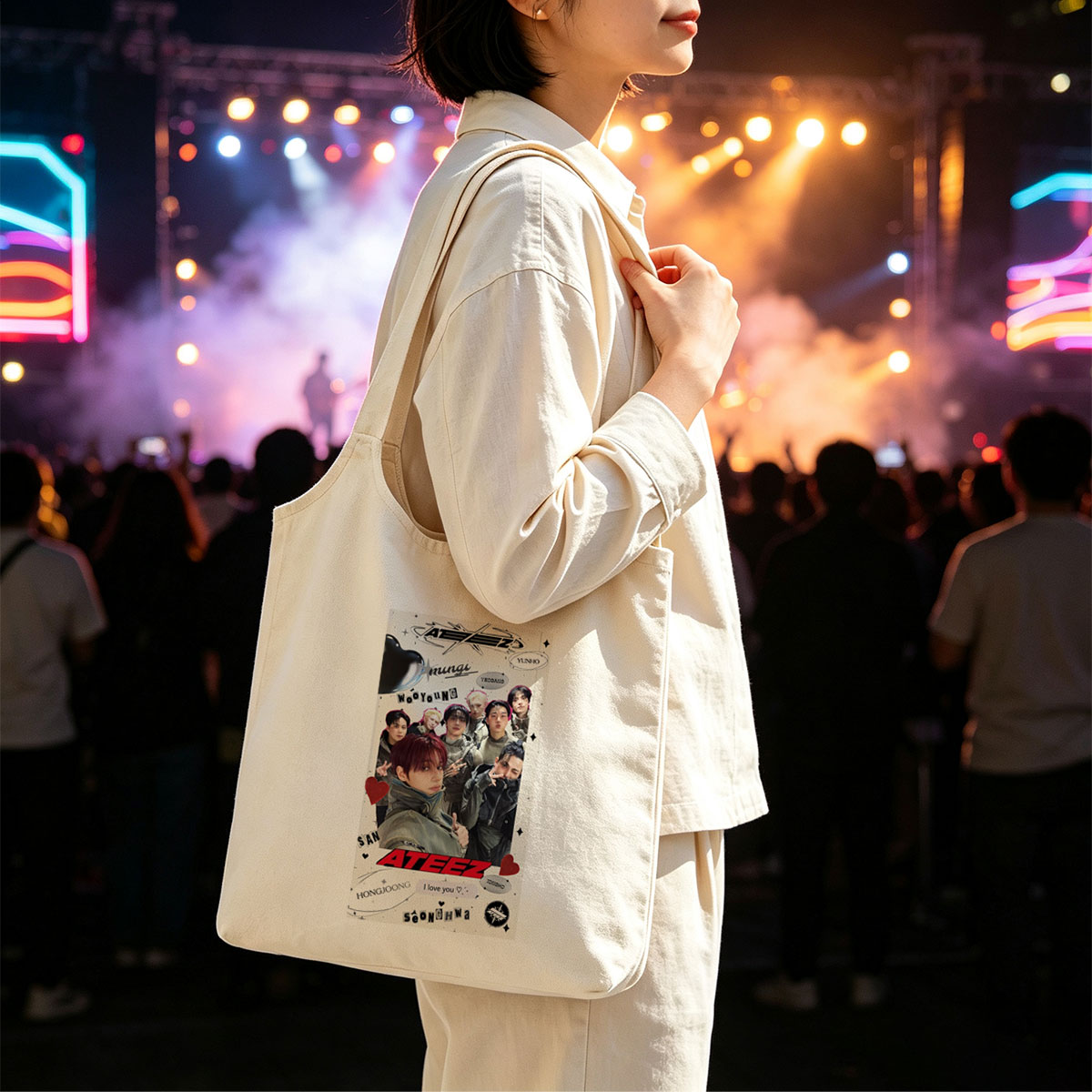 ATEEZ Group Photo Featuring Members in Stylish Outfits with Heart and Name Decorations - Canvas shoulder bags/